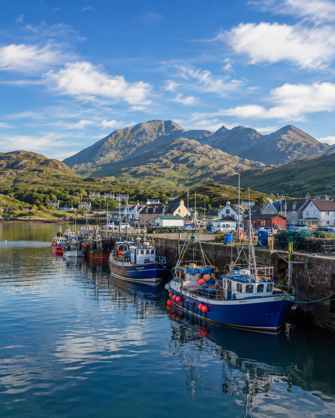 Fishing boats moored in Mallaig Harbour with mountains rising behind
