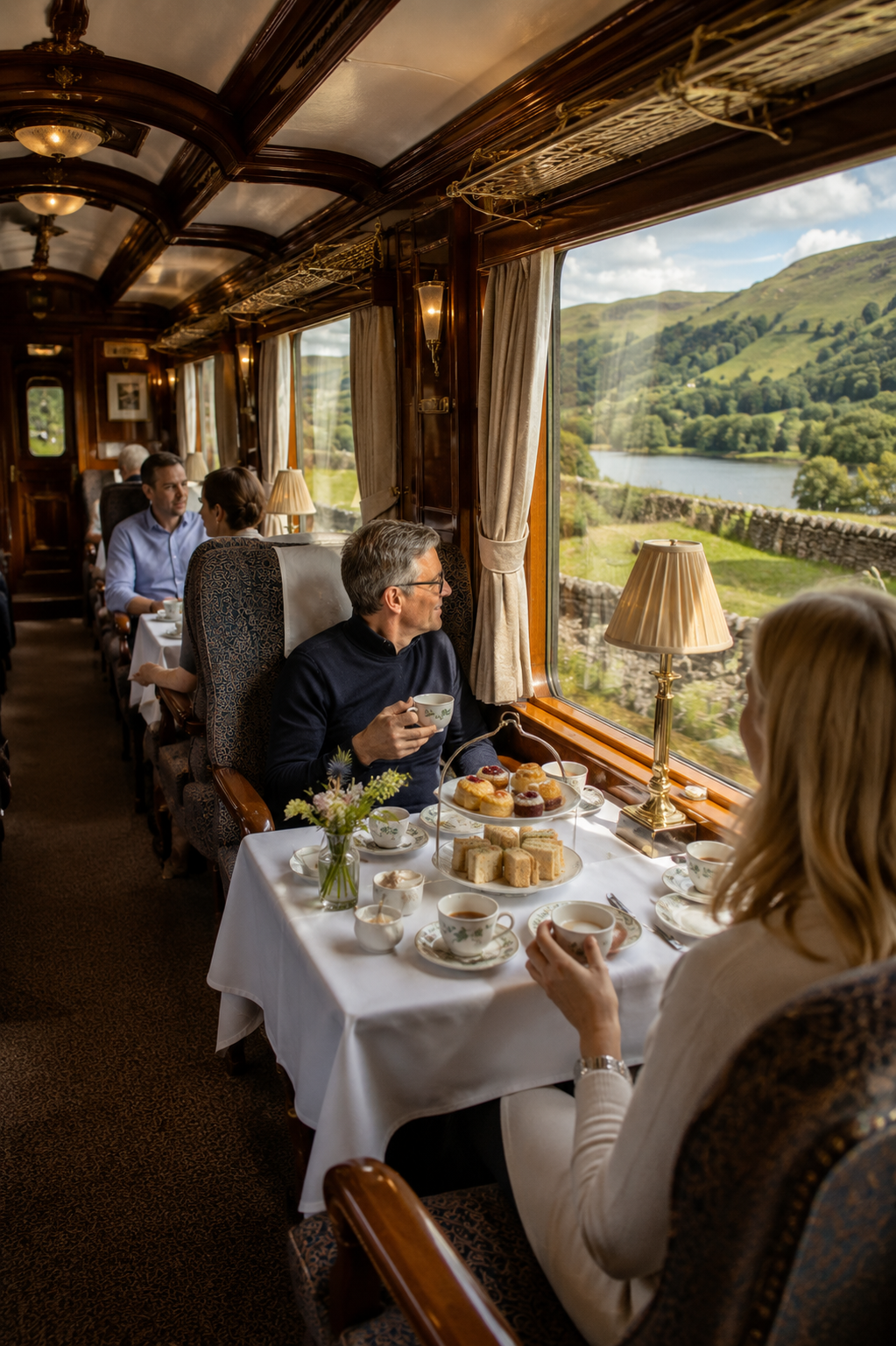 Passengers dining at linen-set tables aboard a private luxury rail carriage