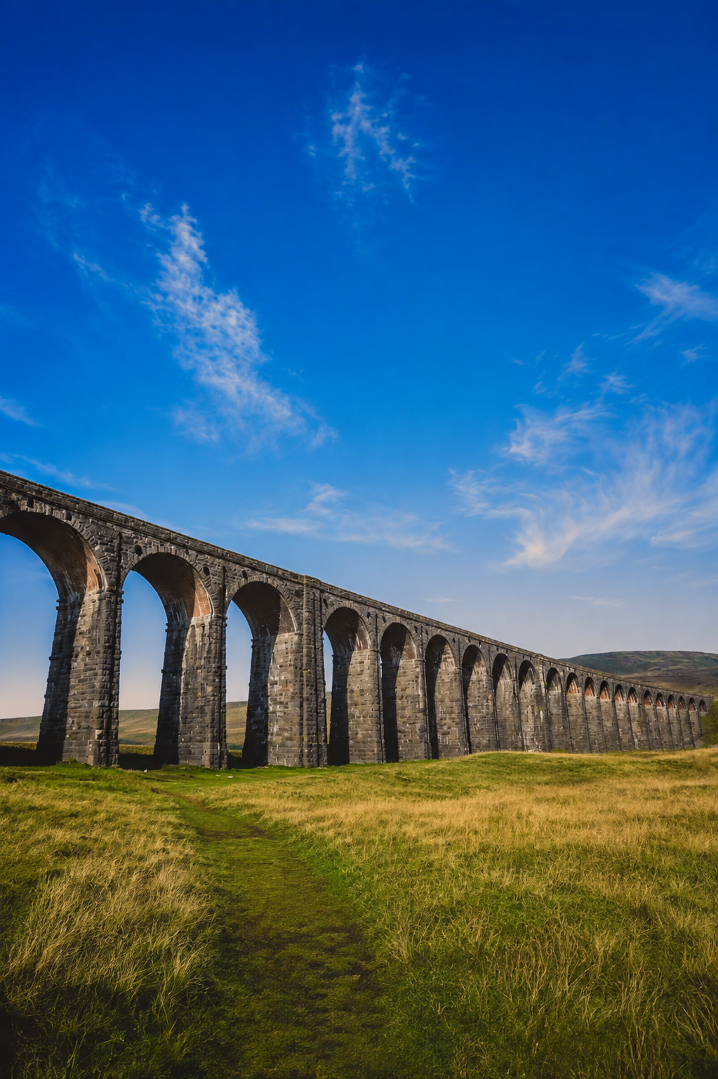 Ribblehead Viaduct stretching across open Yorkshire countryside under a clear sky