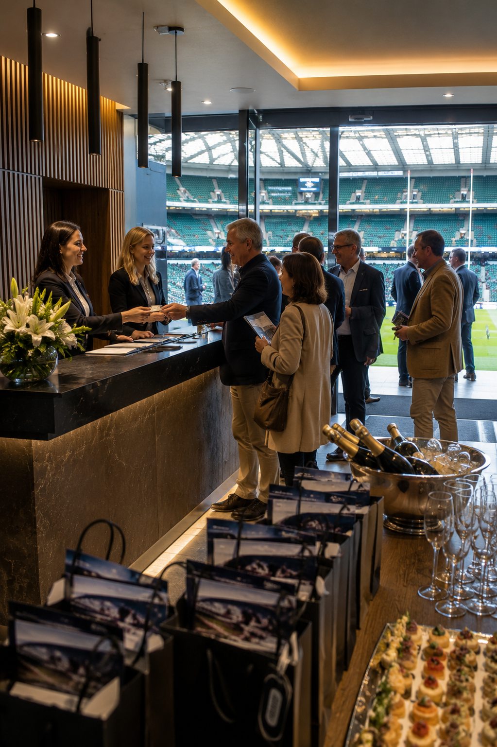 Group of guests mingling at a rugby stadium hospitality bar overlooking the pitch