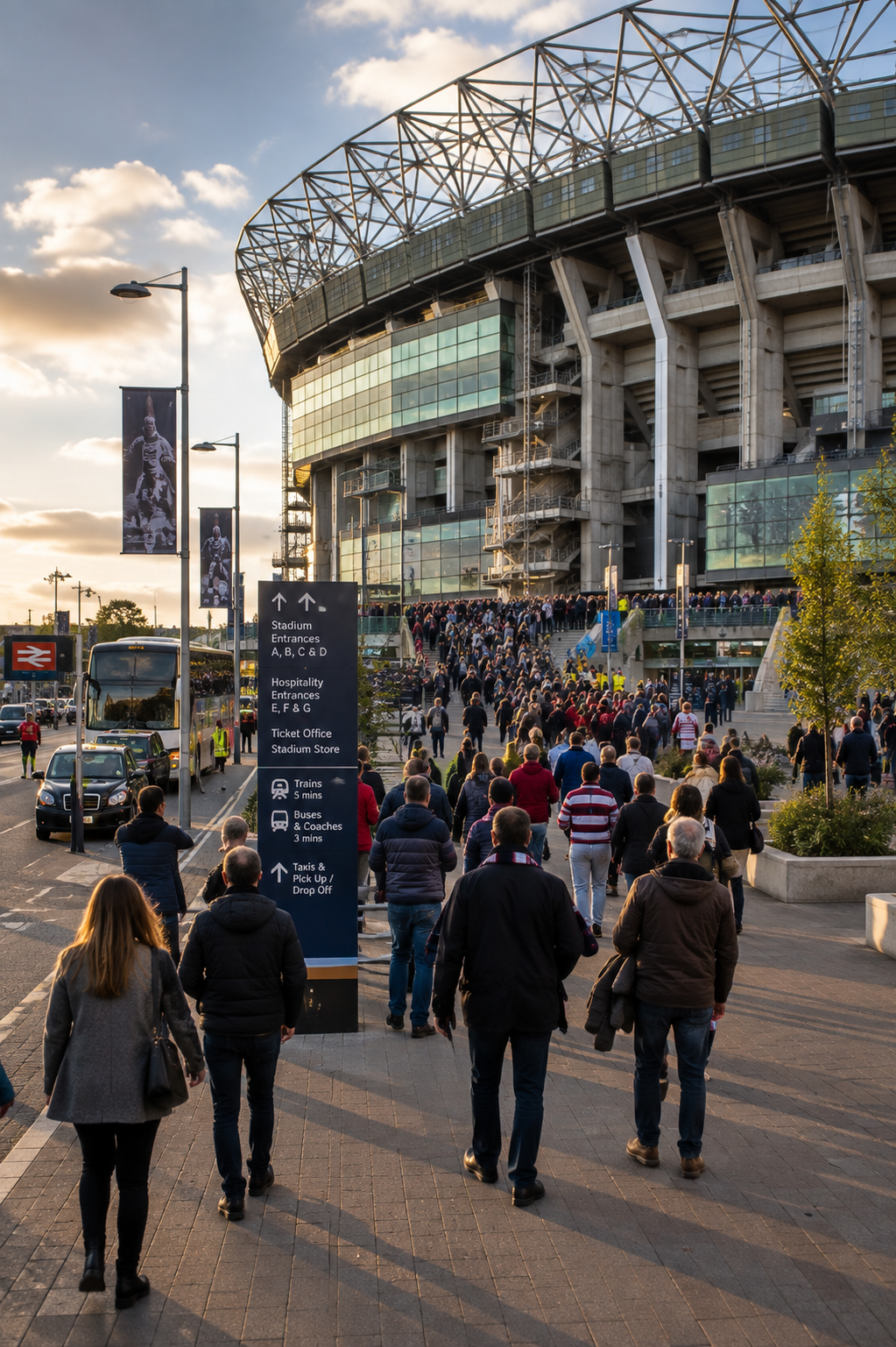 Fans arriving outside a rugby stadium on match day