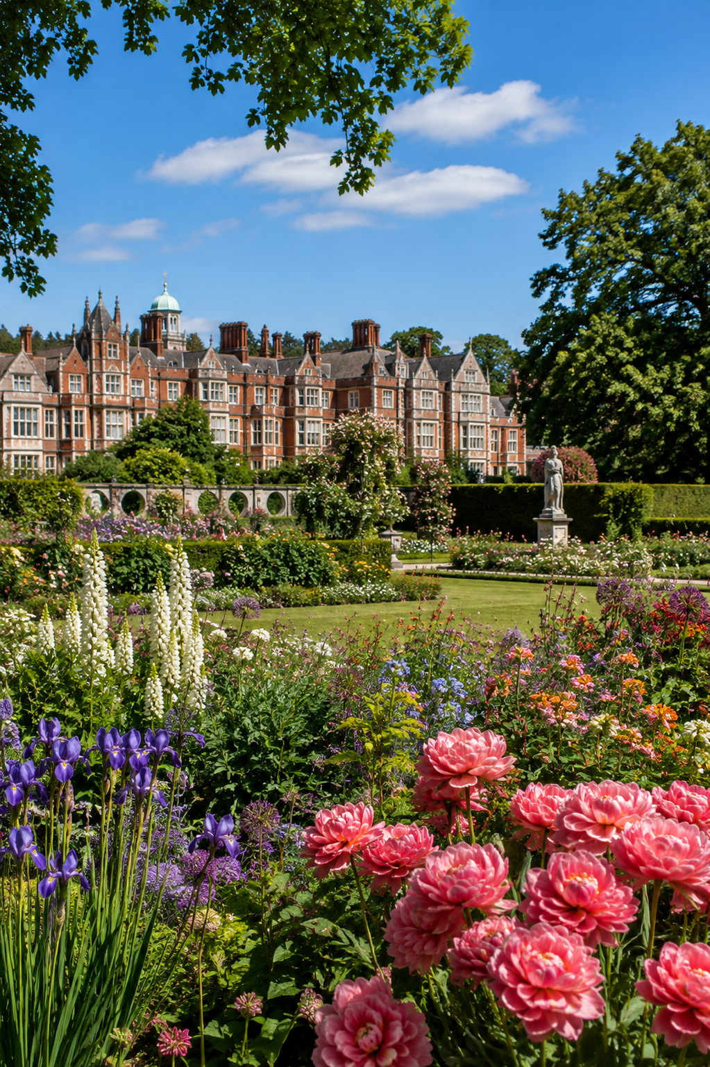 Colorful flower beds in full bloom in the gardens of Sandringham House