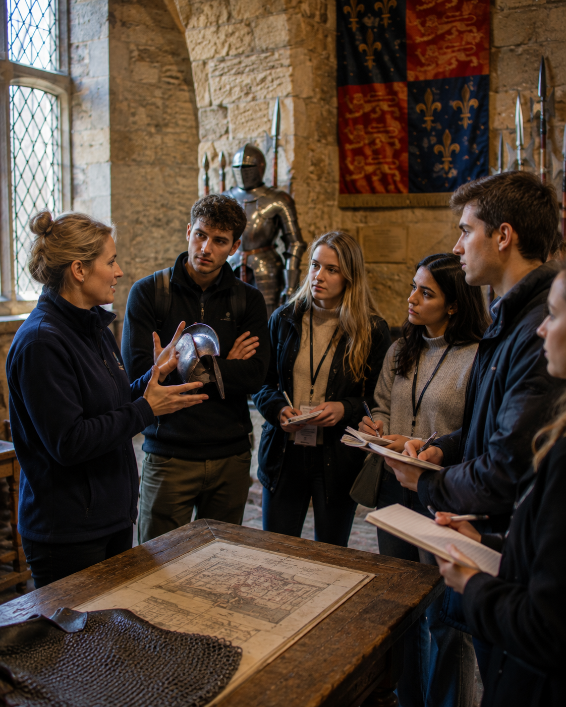 Student group examining a historic manuscript during a guided heritage visit