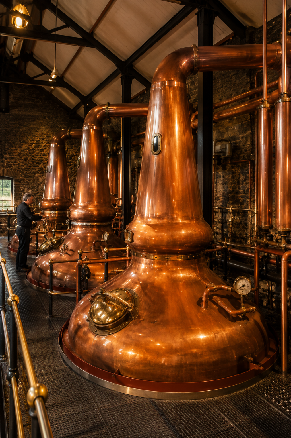 Copper pot stills inside a traditional Scotch whisky distillery