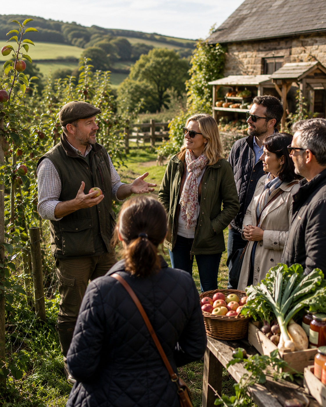 Small tour group listening to a farmer beside fresh produce at a countryside farm