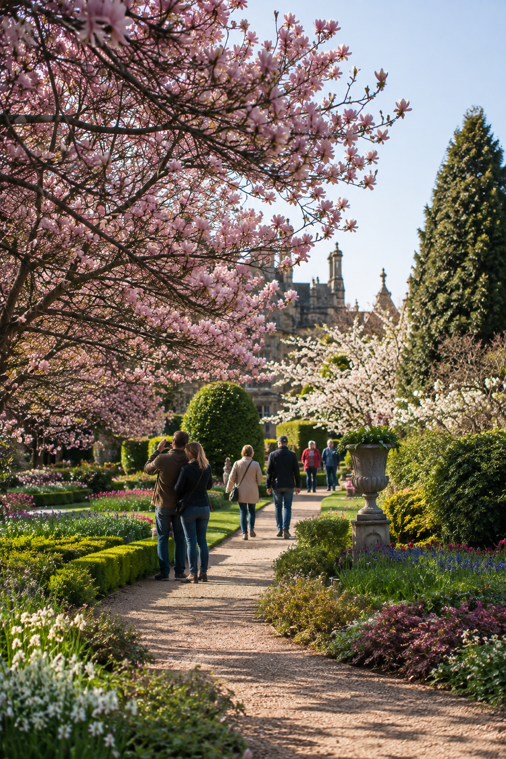 Group tour walking beneath blossoming cherry trees on a spring garden path