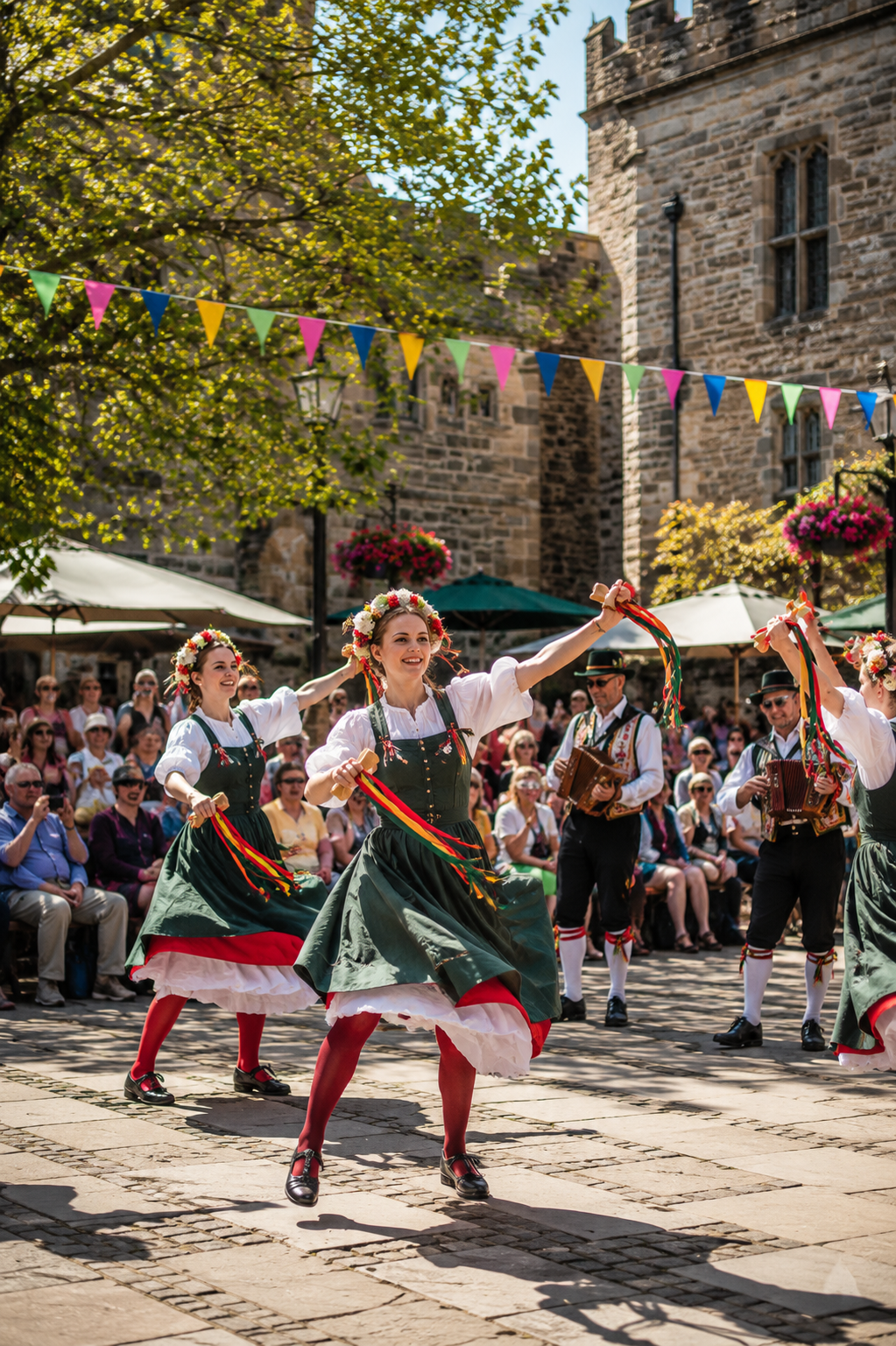 Performers in traditional folk costume dancing during a summer street festival