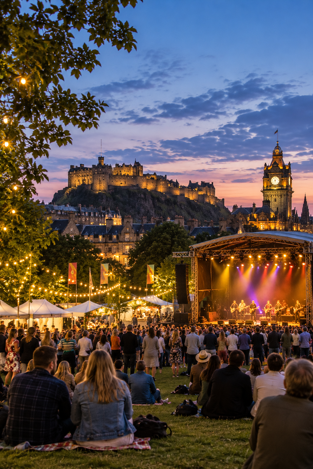 Crowd gathered for an outdoor evening concert with Edinburgh Castle lit up at dusk