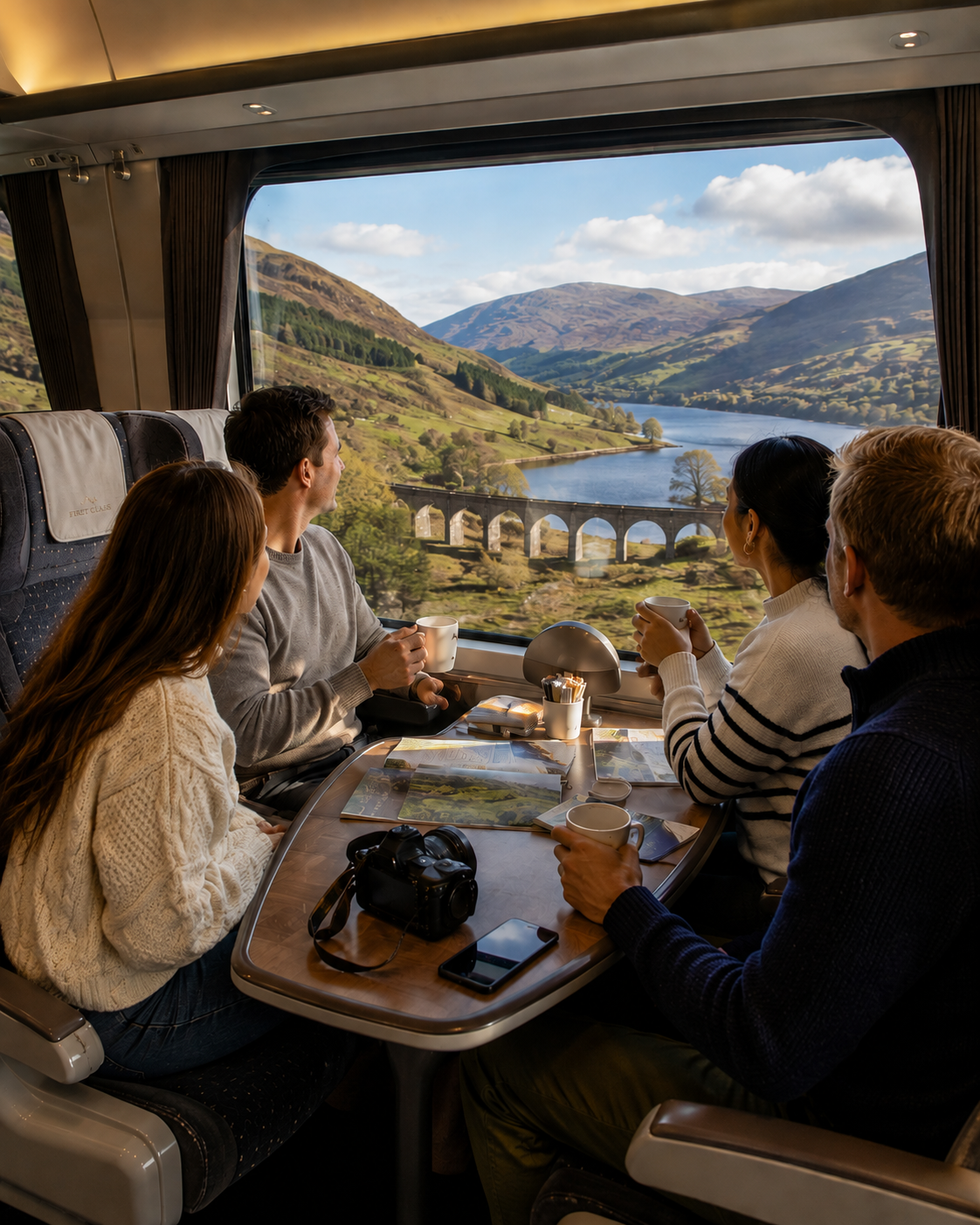 Family enjoying a meal beside a scenic train window overlooking a loch and mountains