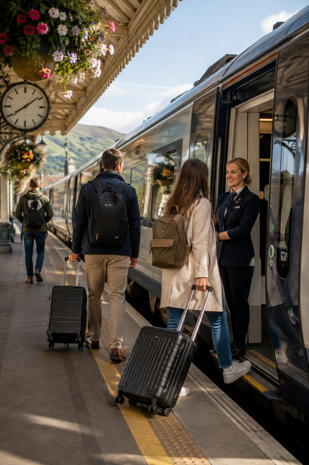 Travelers boarding a UK train with luggage on a sunny platform