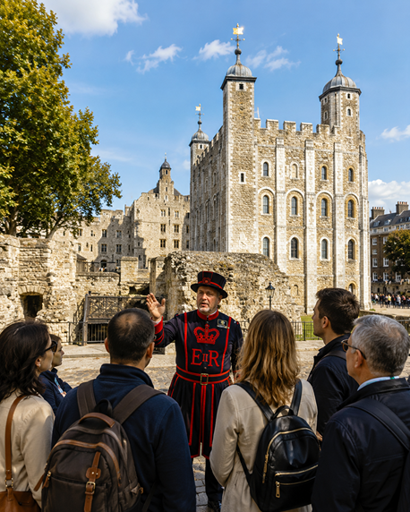A Yeoman Warder leading a guided tour at the Tower of London
