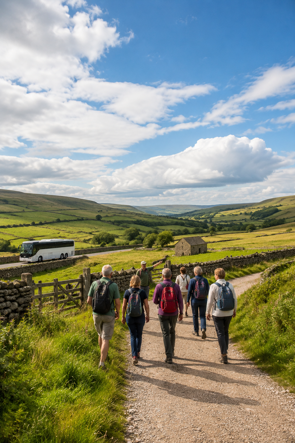 Small hiking group walking a countryside trail through the Yorkshire Dales