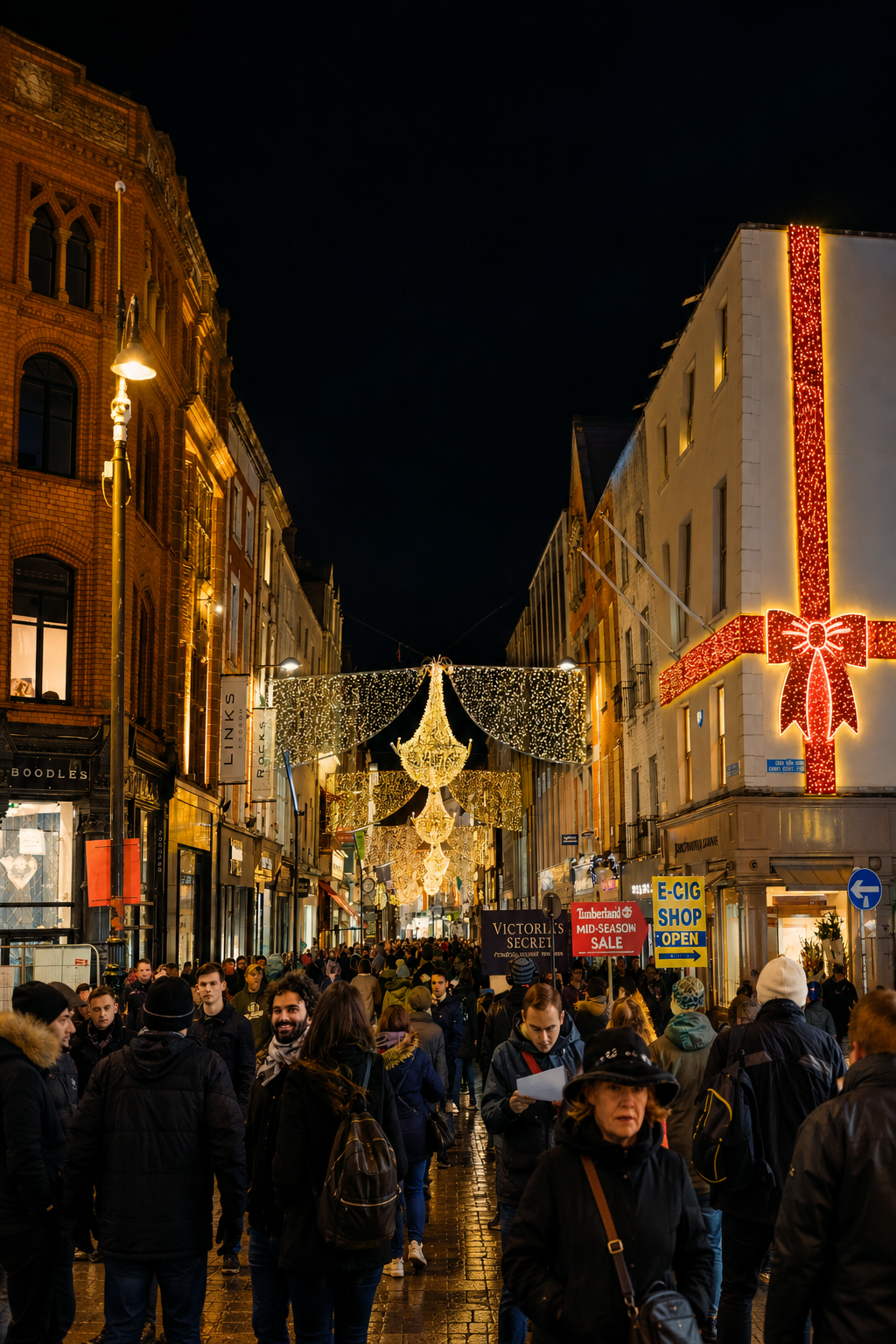 Crowds walking a festive Dublin street lit with holiday lights at night